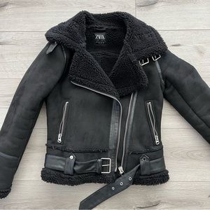 Zara Faux Shearling Moto Jacket size Small